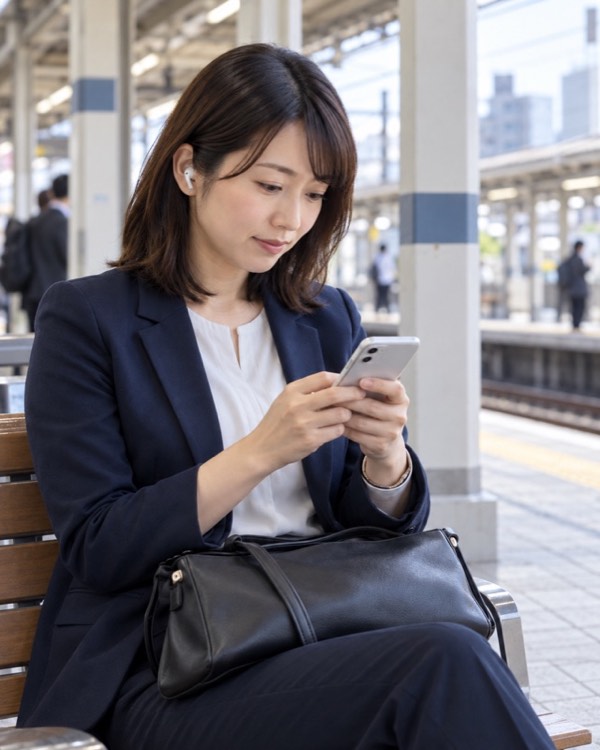駅のホームのベンチで、スマートフォンを見て学ぶ女性のイメージ