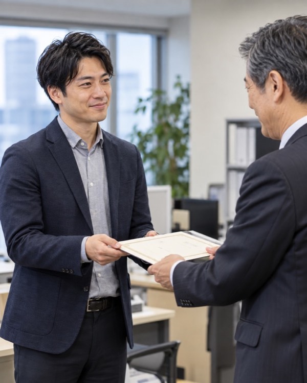 オフィスで年長の上司から表彰状を受け取る男性社員のイメージ