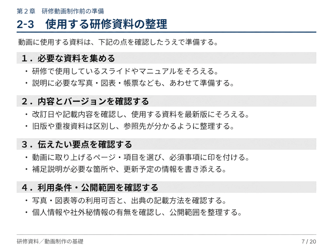研修動画制作前の準備：使用する研修資料の整理。資料収集、内容とバージョン、伝えたい要点、利用条件をまとめたPowerPoint資料