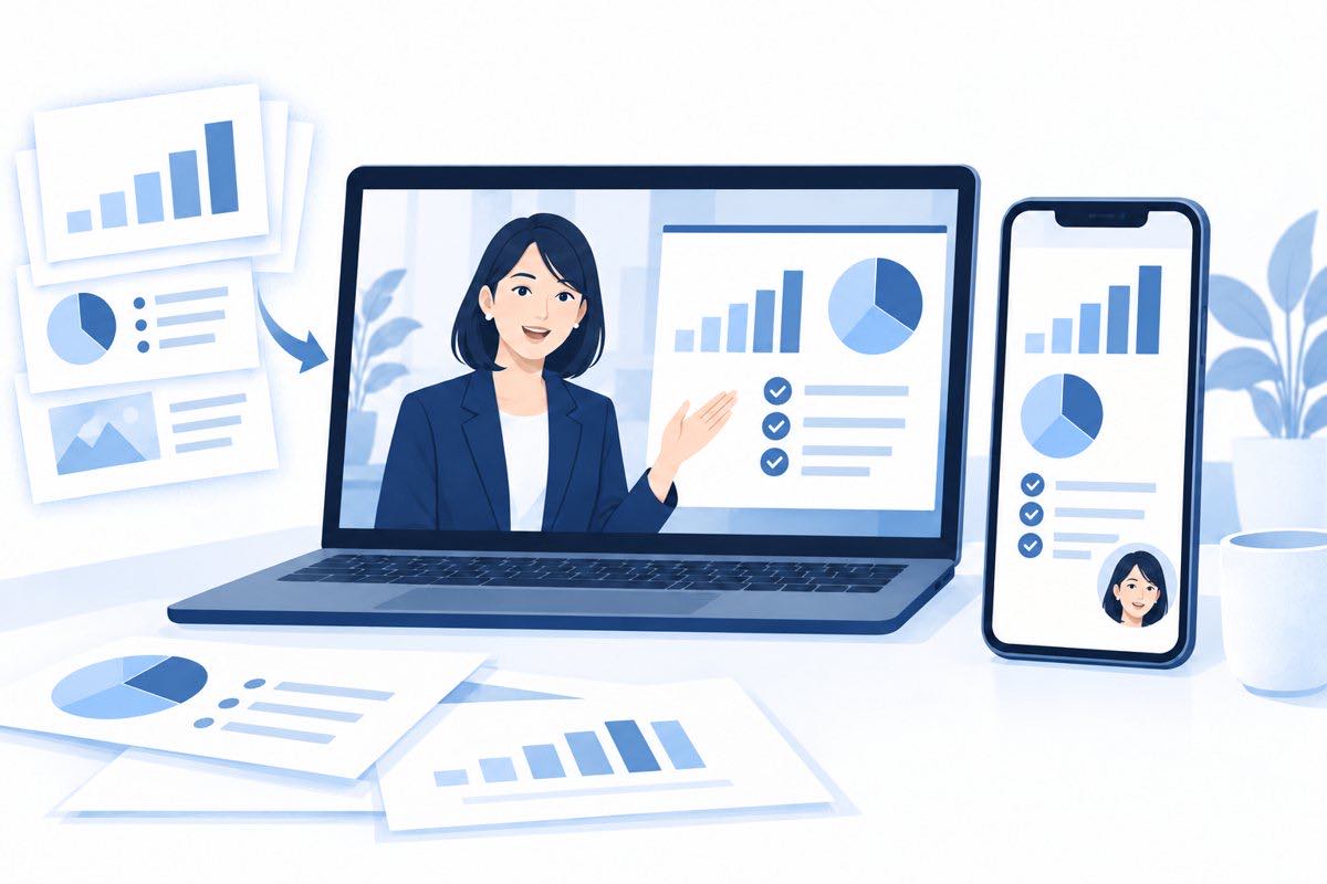 同じ講師の研修動画を横型PCと縦型スマートフォンで見る活用イメージ